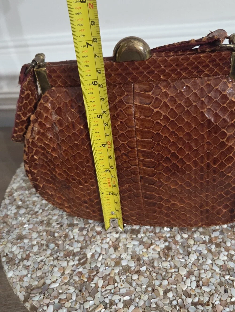 Vintage Genuine Snakeskin Handbag Brown Python Leather Framed Purse Clasp Close